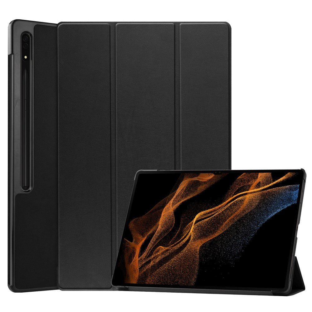 Samsung Galaxy Tab S9 Ultra Tri-Fold Leather Flip Cover m. Stativfunksjon - Sort