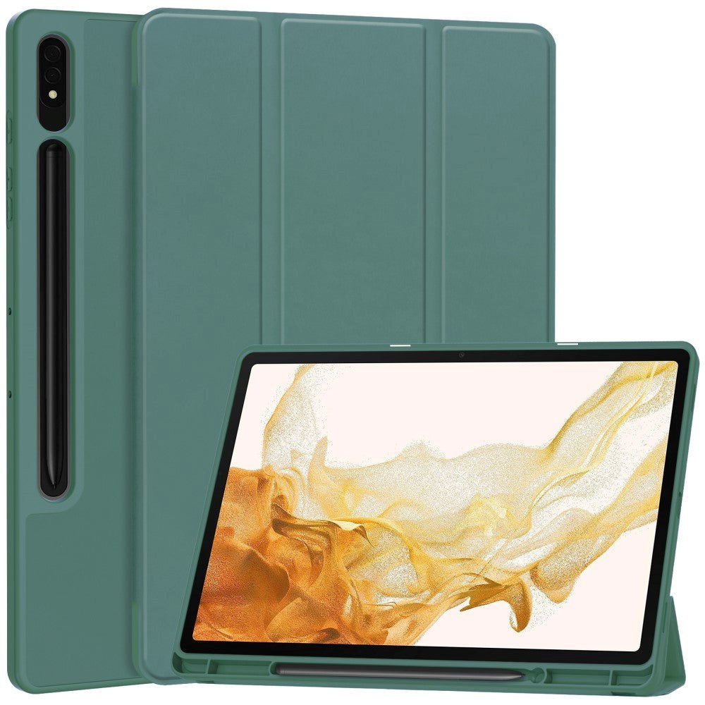 Samsung Galaxy Tab S9+ (Plus) Magnetisk Tri-Fold Leather Flip Cover m. Blyantholder - Mørkegrønn