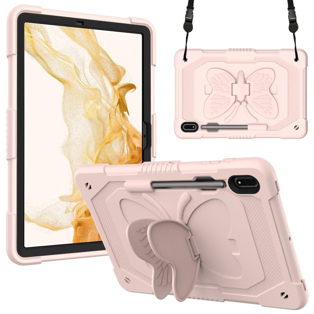 Samsung Galaxy Tab S9 Butterfly Kickstand Børne Cover m. Skulderstrop - Lyserød
