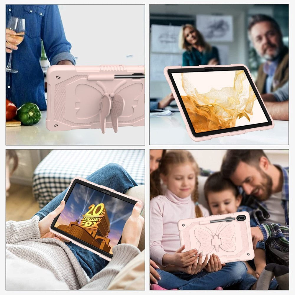 Samsung Galaxy Tab S9 Butterfly Kickstand Børne Cover m. Skulderstrop - Lyserød