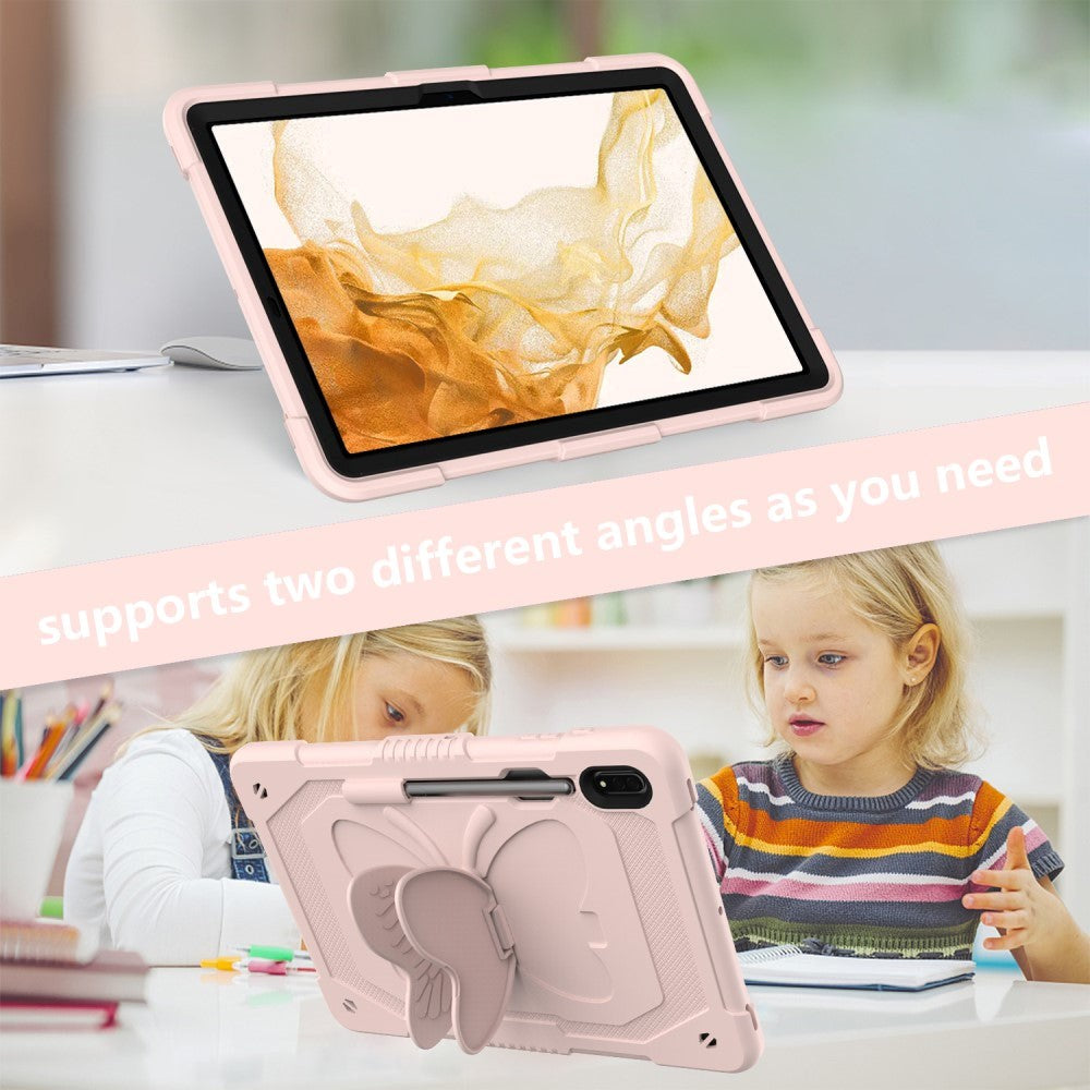 Samsung Galaxy Tab S9 Butterfly Kickstand Børne Cover m. Skulderstrop - Lyserød
