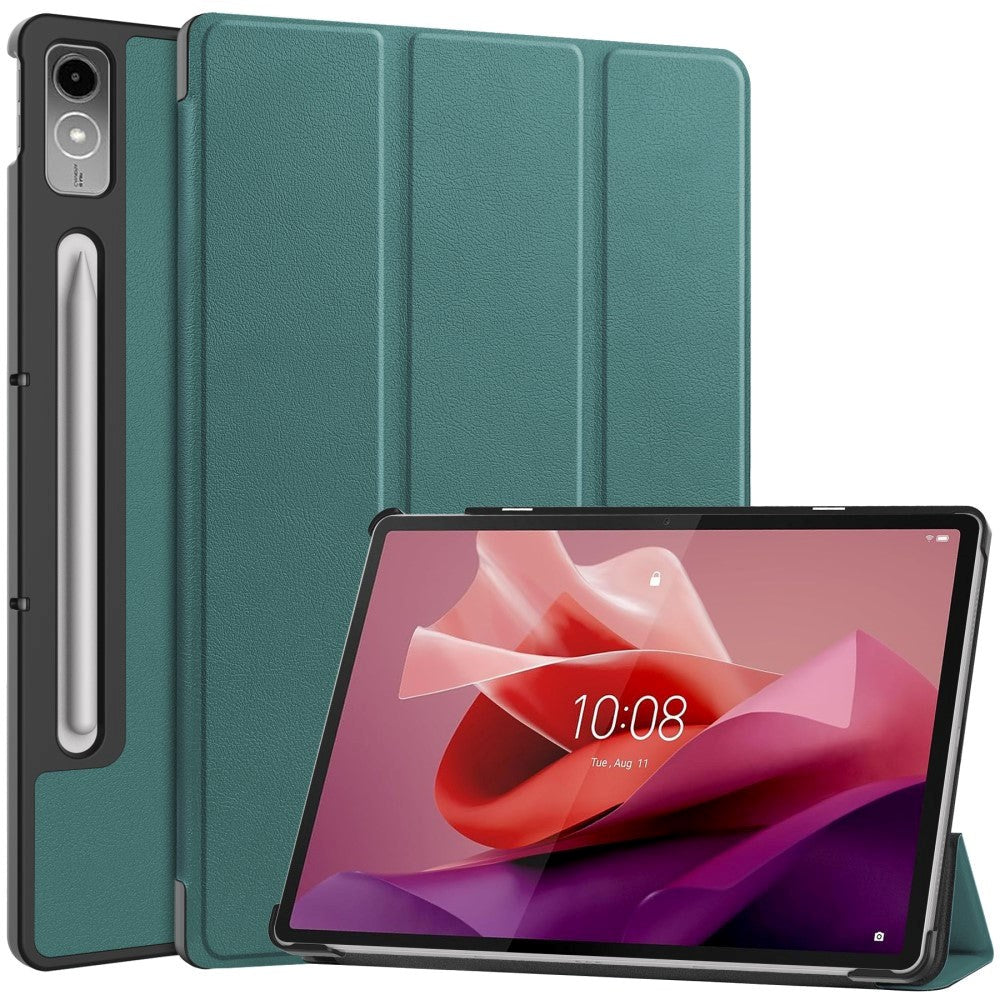 Lenovo Tab P12 Magnetic Tri-Fold Leather Flip Cover m. Blyantholder - Grønn