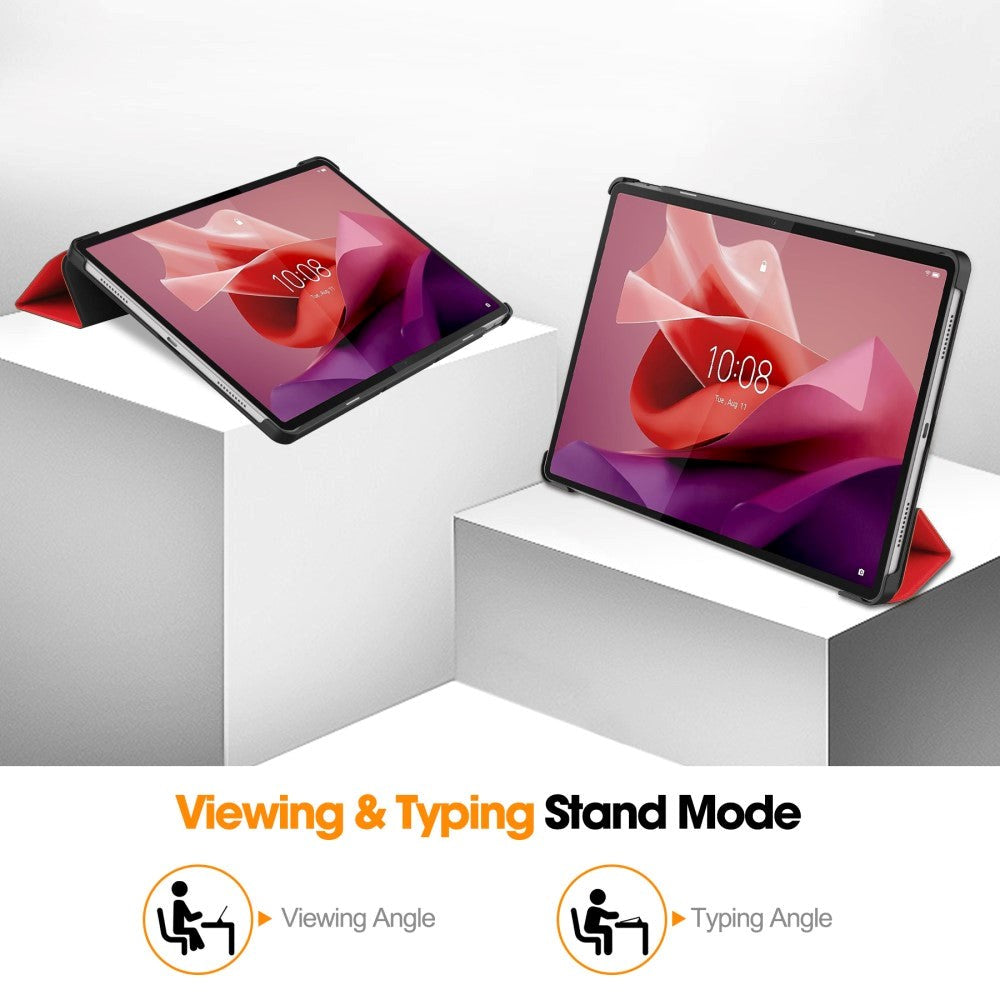 Lenovo Tab P12 Magnetic Tri-Fold Leather Flip Cover m. Blyantholder - Rød