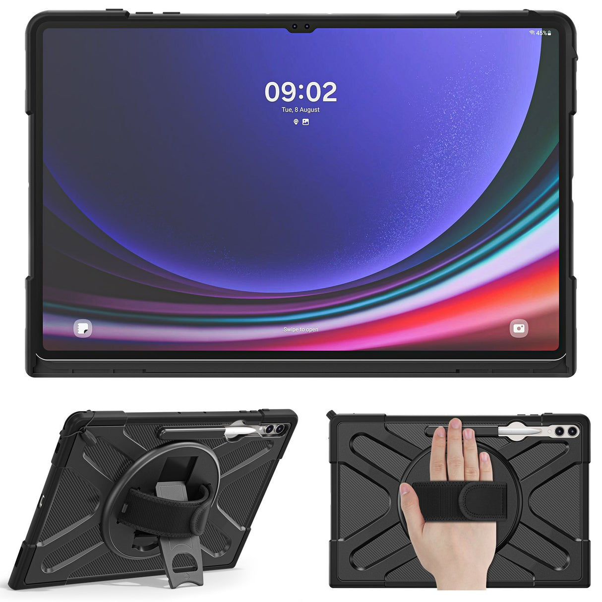 EIDERWOOD Samsung Galaxy Tab S10 Ultra X920 / S8 Ultra X900 X906 / Tab S9 Ultra X910 Støtsikkert deksel med håndholder og støtte - svart