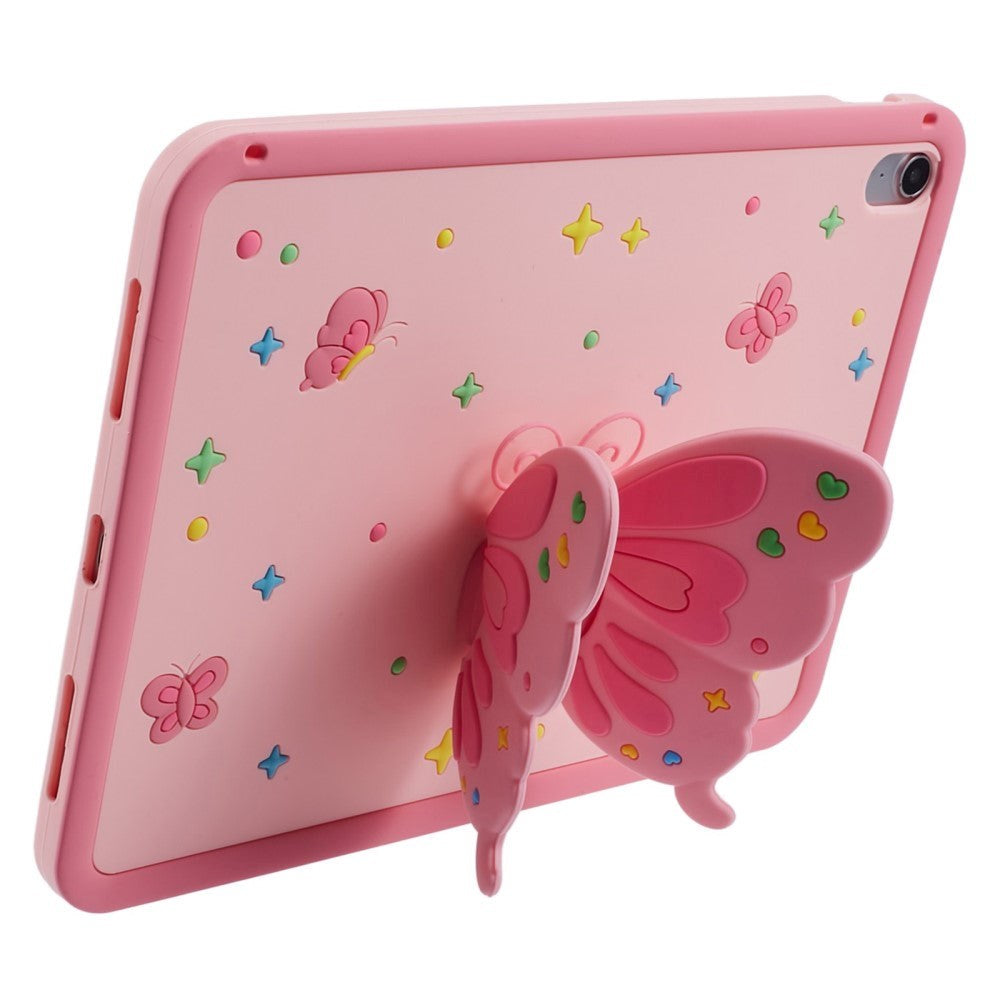 iPad 11" (2025) / iPad 10.9" (2024/2022) Barnedeksel - Butterfly Kickstand Silikondeksel m. Skulderstropp - Rosa