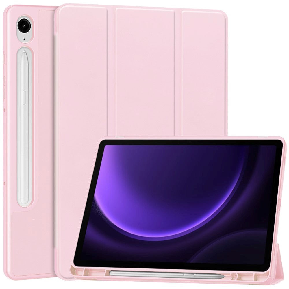 Samsung Galaxy Tab S9 FE Magnetisk Tri-Fold Leather Flip Cover m. Blyantholder - Rosa