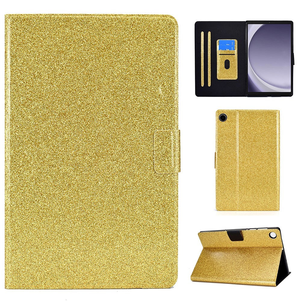 Samsung Galaxy Tab A9 glitterdeksel m. Flip Stand & Kortholder - Gull Glitter