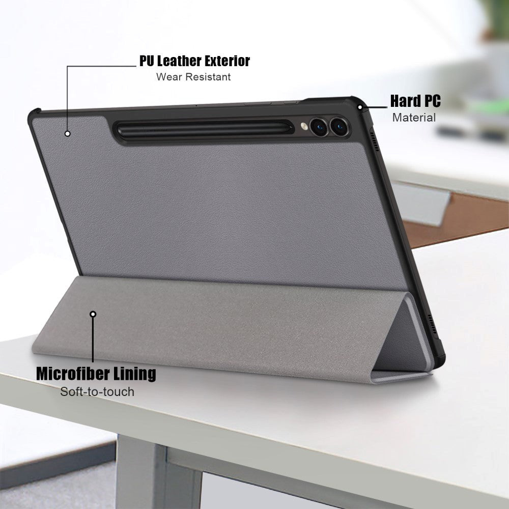 Samsung Galaxy Tab S9 FE + (pluss) Tri-Fold Leather Flip Cover m. Stativfunksjon - Grå