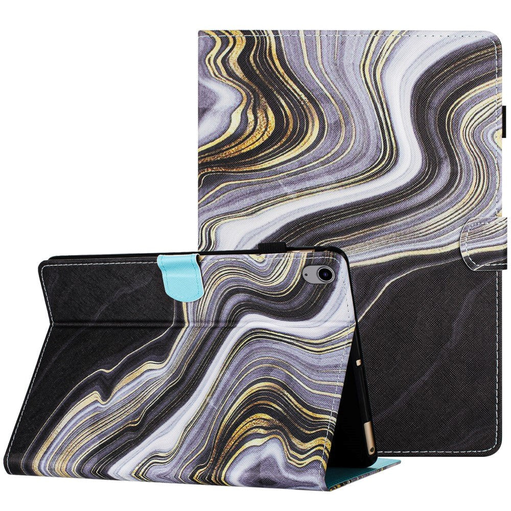iPad 11" (2025) / iPad 10,9" (2024/2022) Leather Flip Cover m. Stativ og kortholder - svart / gull marmor