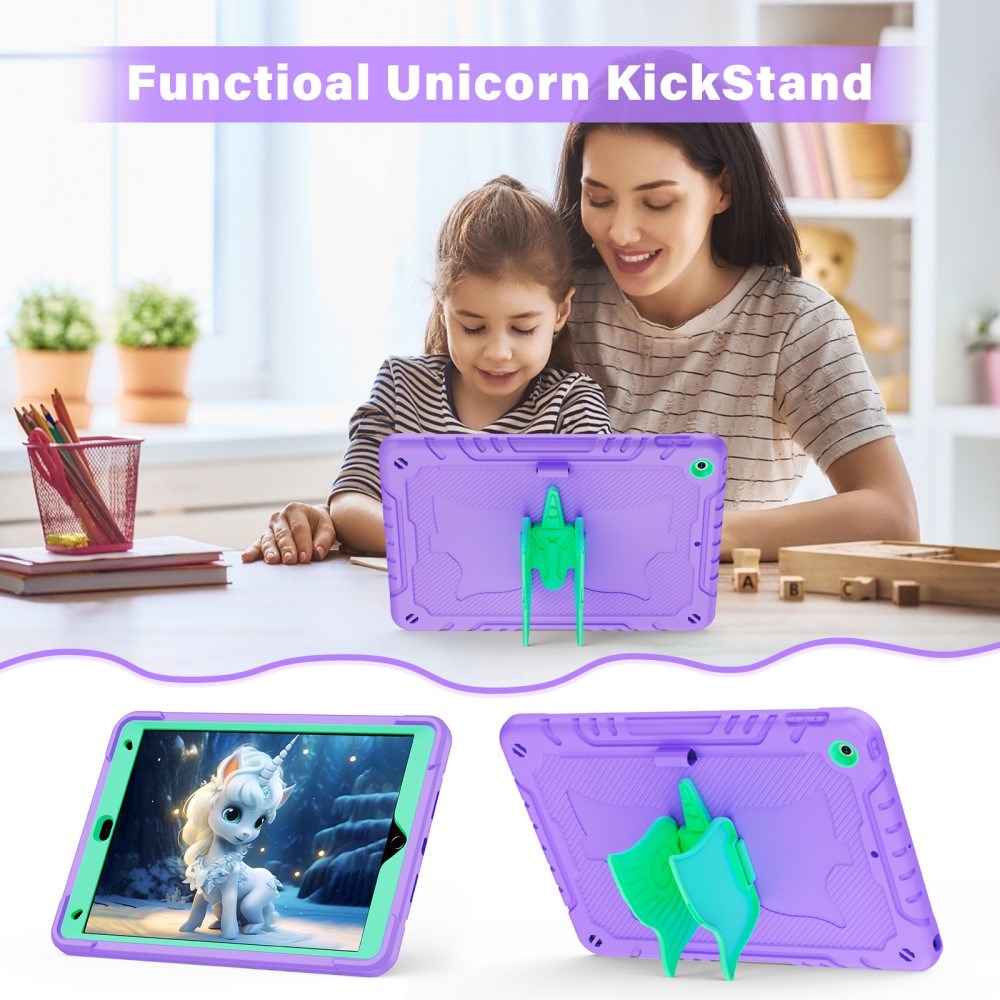 EIDERWOOD iPad 10,2" (2021 / 2020 / 2019) Unicorn Kickstand Kids Case - Lilla / Grønn