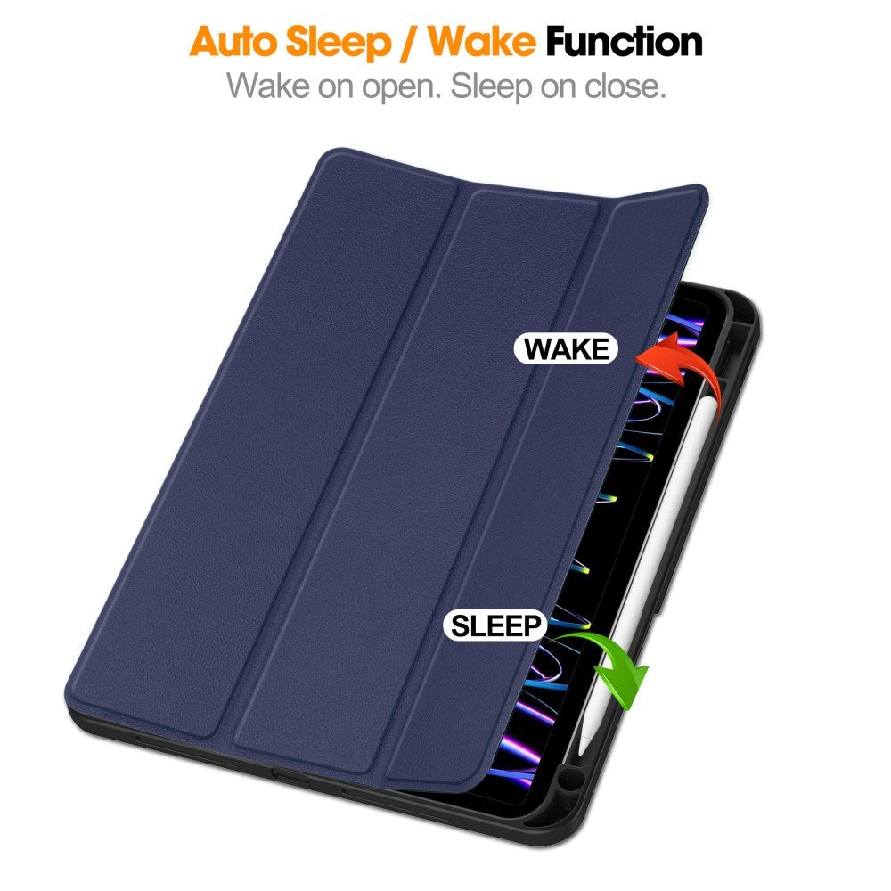 EIDERWOOD iPad Pro 11" (2024) Tri-Fold Leather Flip Cover m. Apple Pencil Holder - Blå