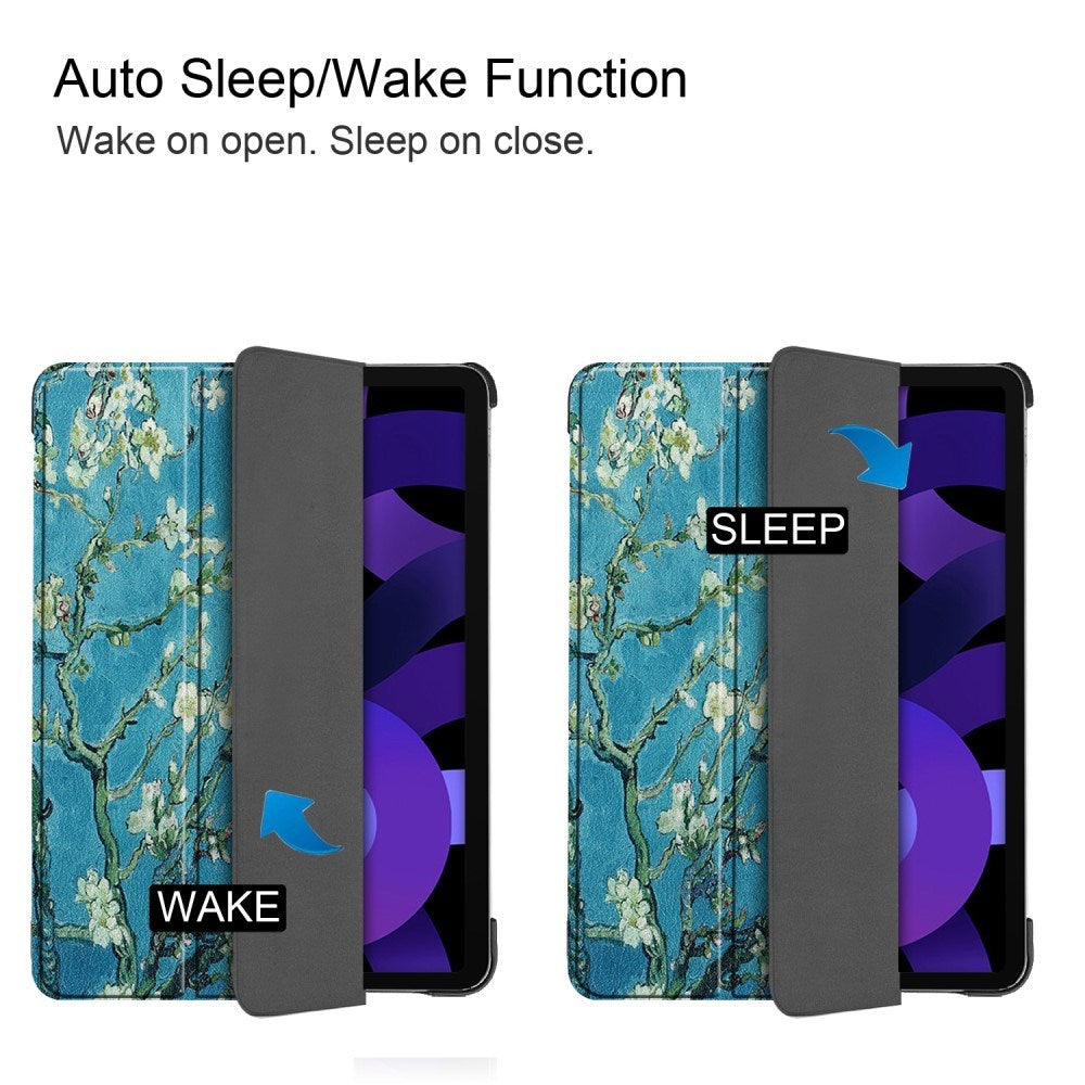 EIDERWOOD iPad Air 11" (2025 / 2024) Tri-Fold Kunstlæder Flip Cover m. Vågeblus Funktion - Hvide Blomster