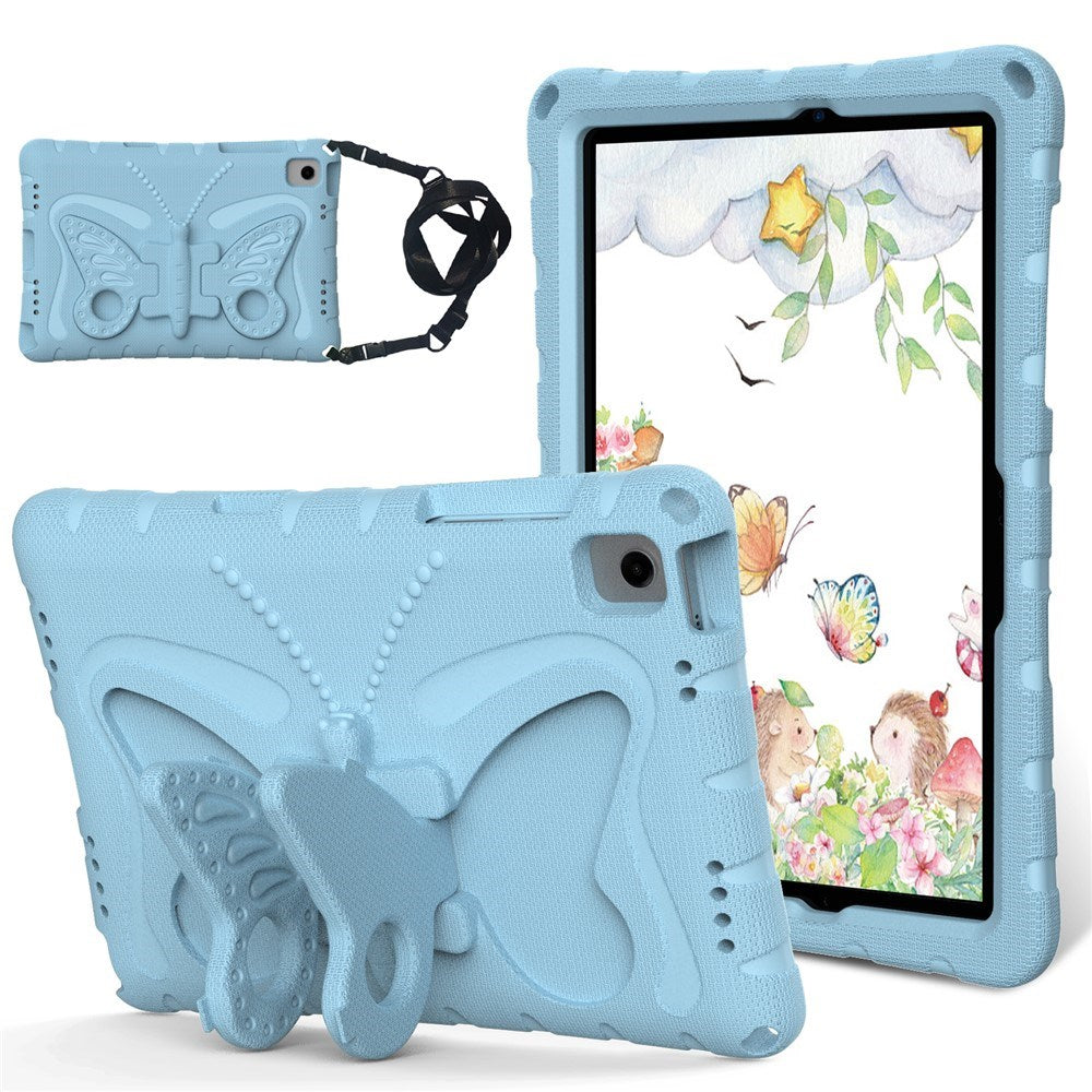 Samsung Galaxy Tab A11+ (Plus) / A9+ (Plus) EIDERWOOD Butterfly Børne Cover m. Skulderstrop & Ståfunktion - Lyseblå