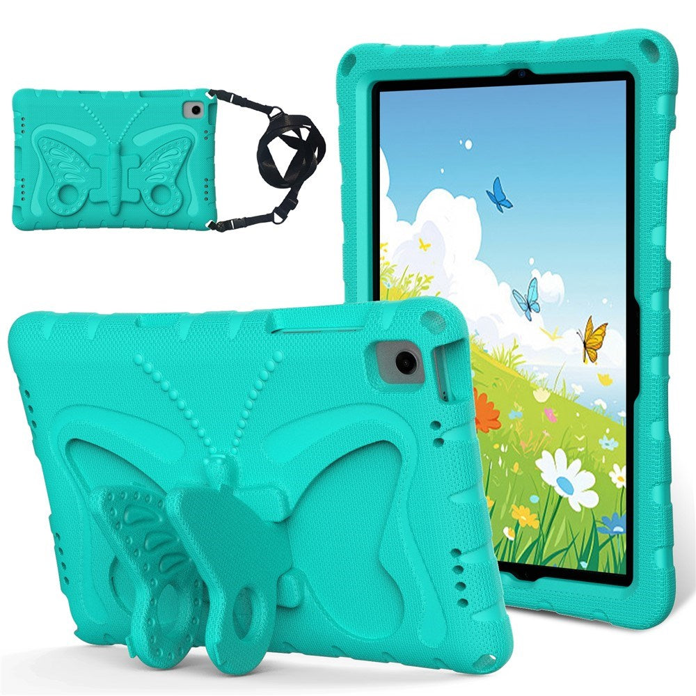 Samsung Galaxy Tab A11+ (Plus) / A9+ (Plus) EIDERWOOD Butterfly Børne Cover m. Skulderstrop & Ståfunktion - Turkis