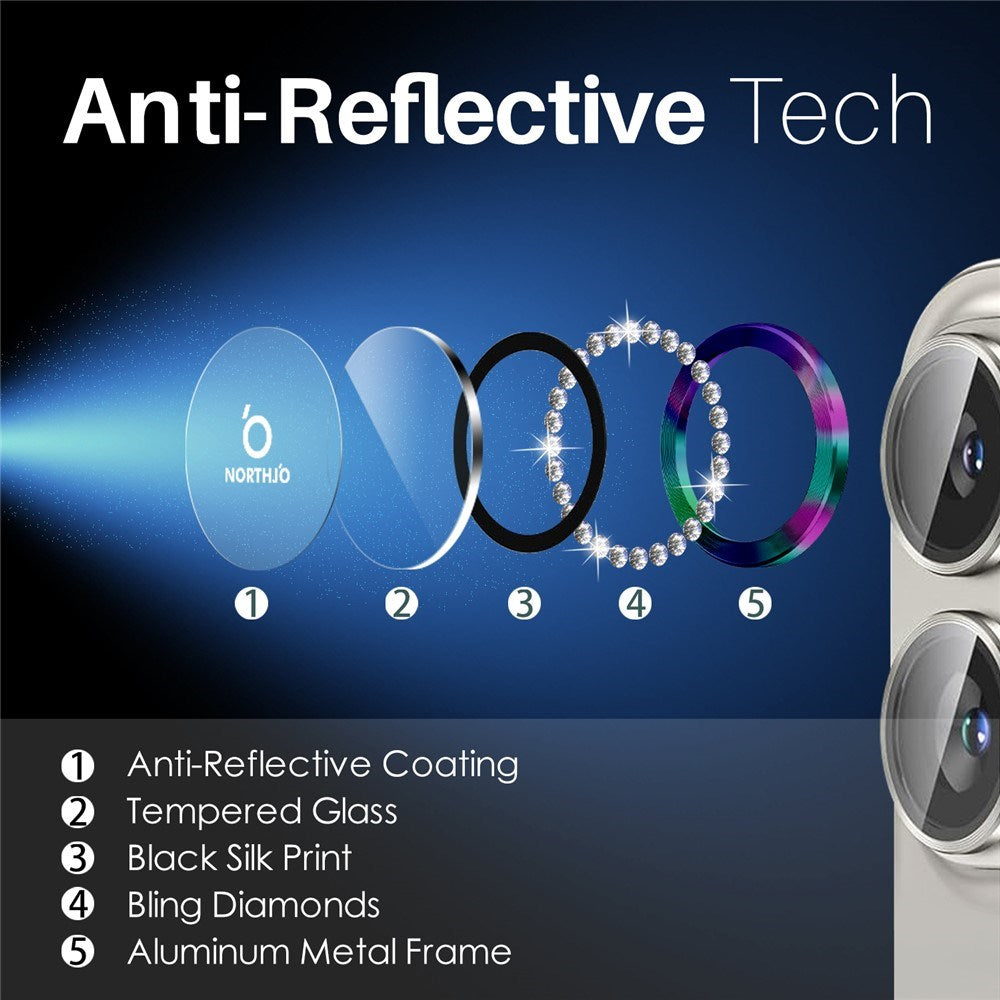 NORTHJO iPhone 16 / 16 Plus Beskyttelse til Kameralinse m. Pyntesten - Multi
