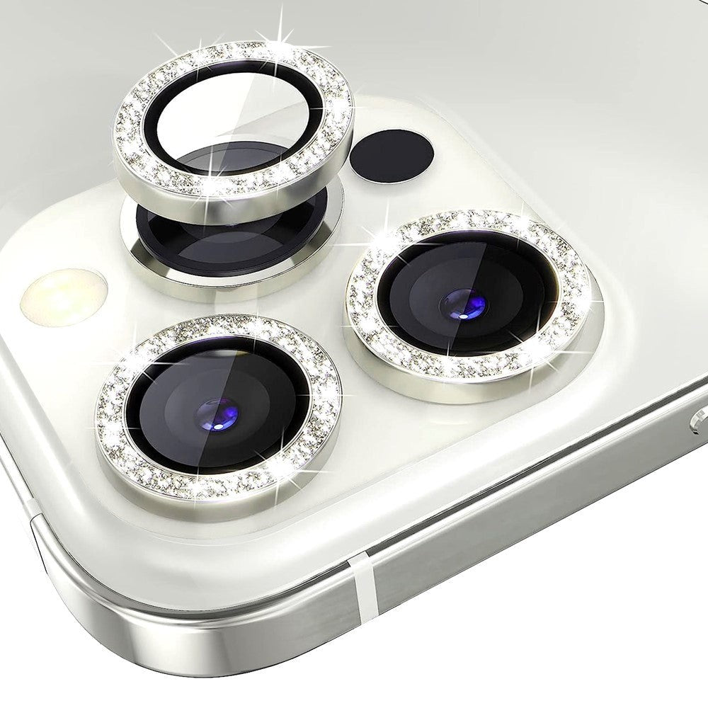 iPhone 13 Pro / 13 Pro Max Kamerabeskyttelse m. Rhinestone - Sølv
