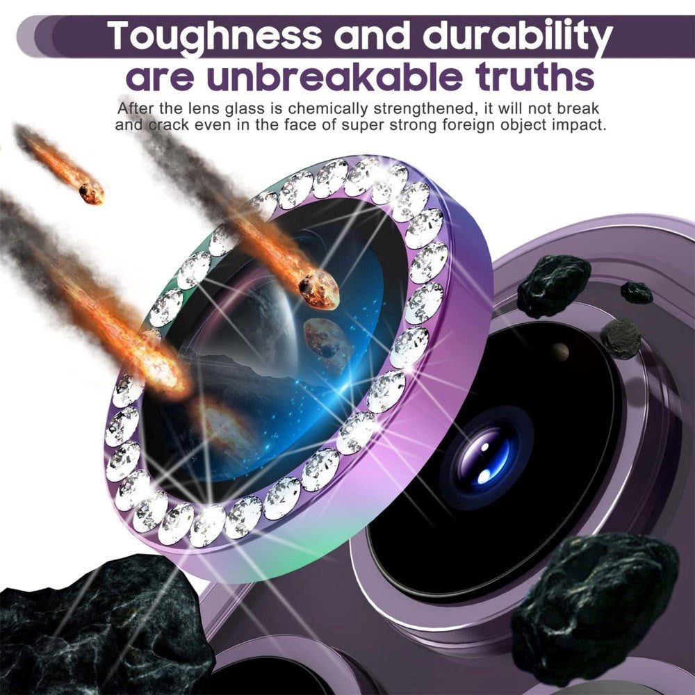 Kameralinsebeskyttelse m. Rhinestone for iPhone 15 Pro / 15 Pro Max - Rainbow