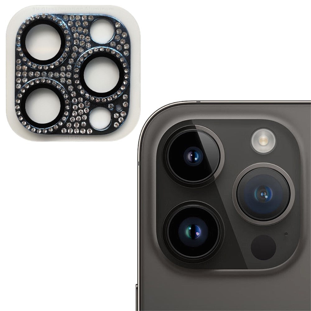 iPhone 15 Pro / 15 Pro Max Kameralinsebeskyttelse m. Rhinestone - Svart