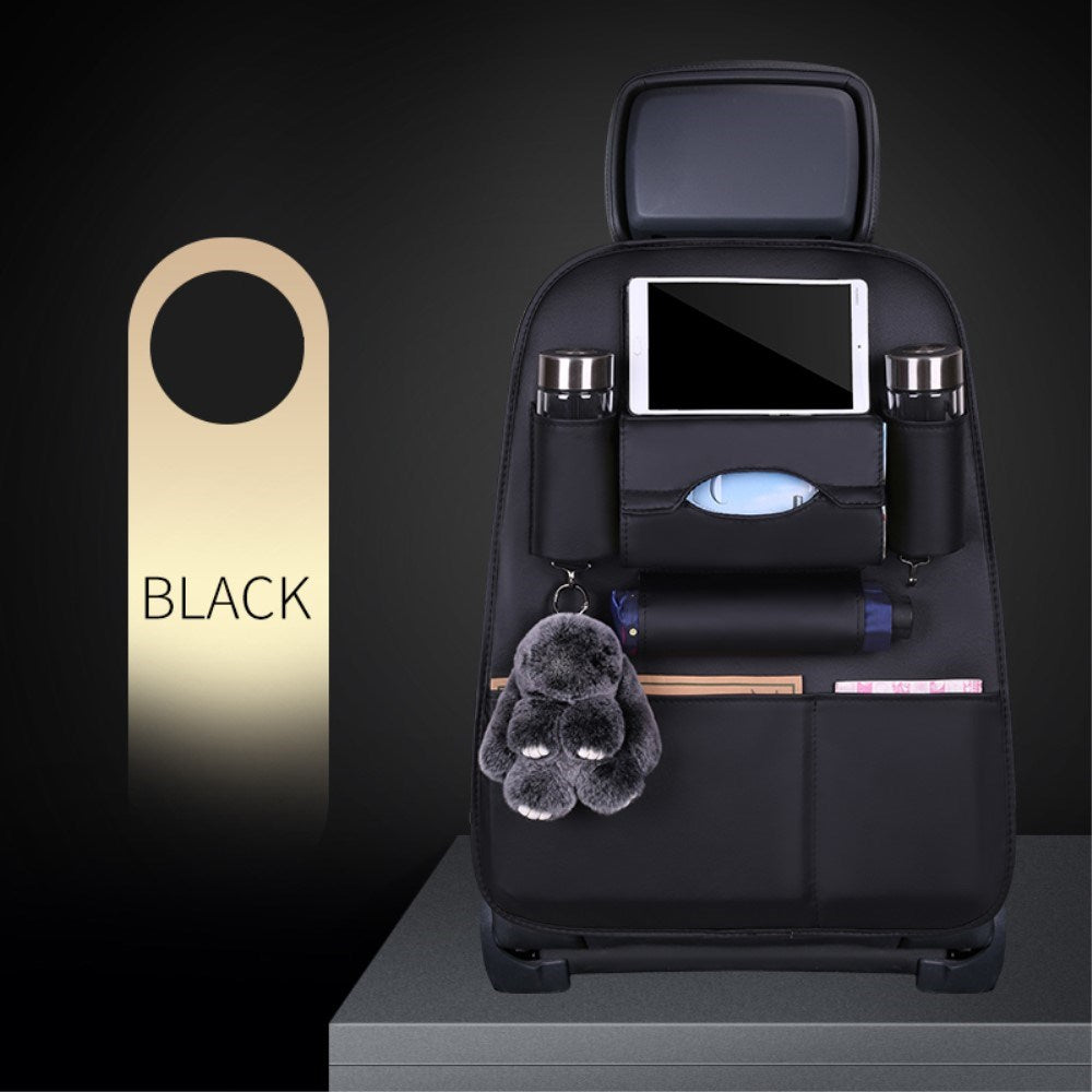 Læder Bagsæde Organizer m. Opbevaring til Paraply, Drikkeflasker & Tablet - Sort