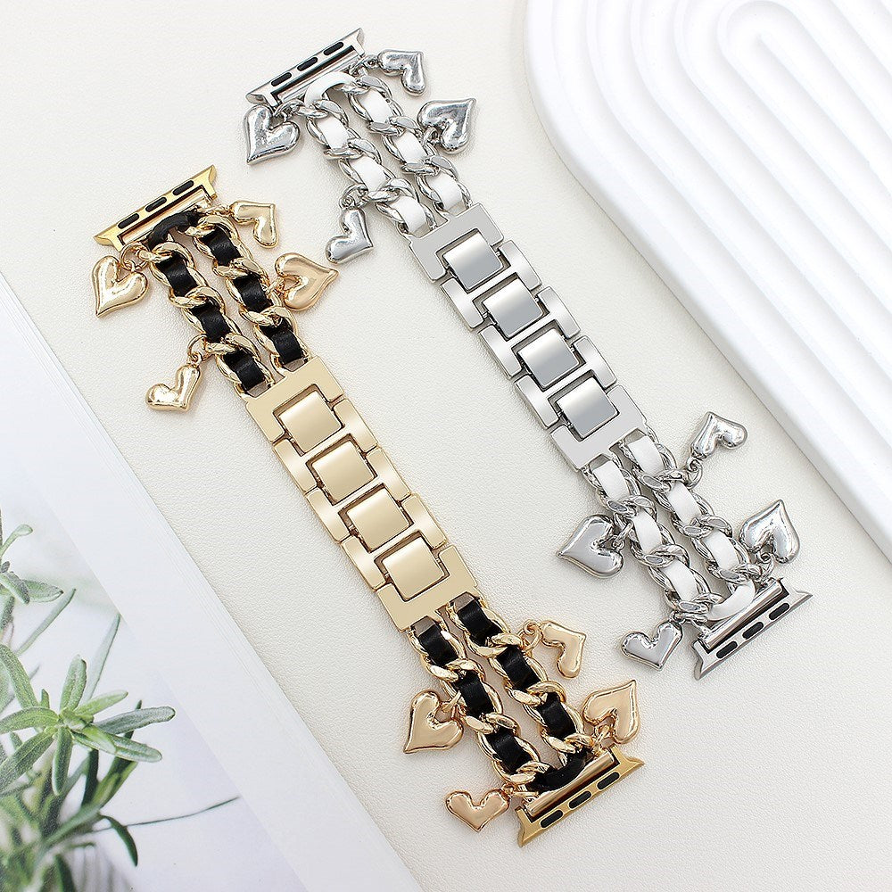 Apple Watch (38 / 40 / SE / 41 / 42 mm) - EIDERWOOD metallrem m. Vegansk lær og anheng - Sølv / Hvit