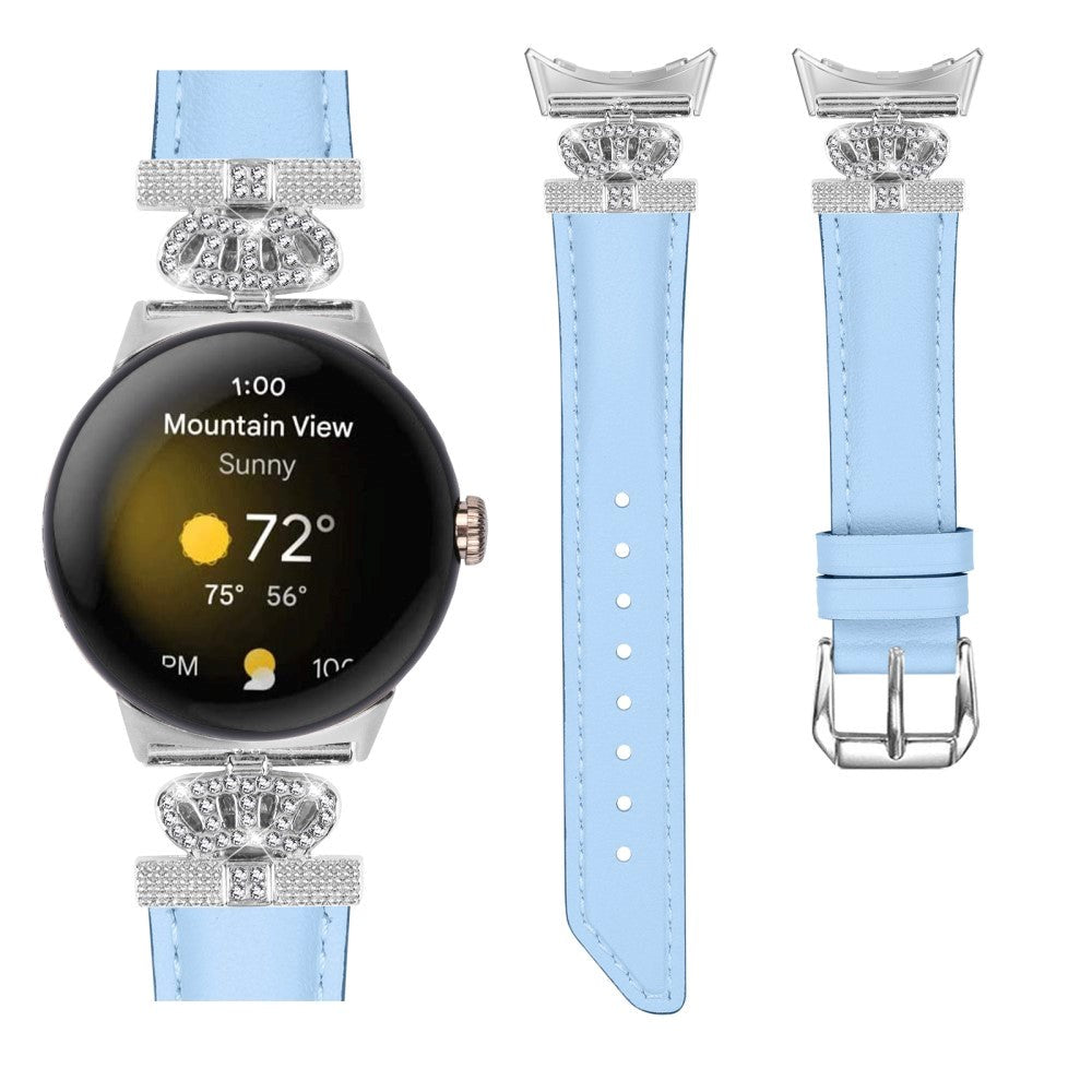 Google Pixel Watch 1 / 2 / 3 (41mm) Læder Urrem m. Sølv Rhinsten Spænde - Blå