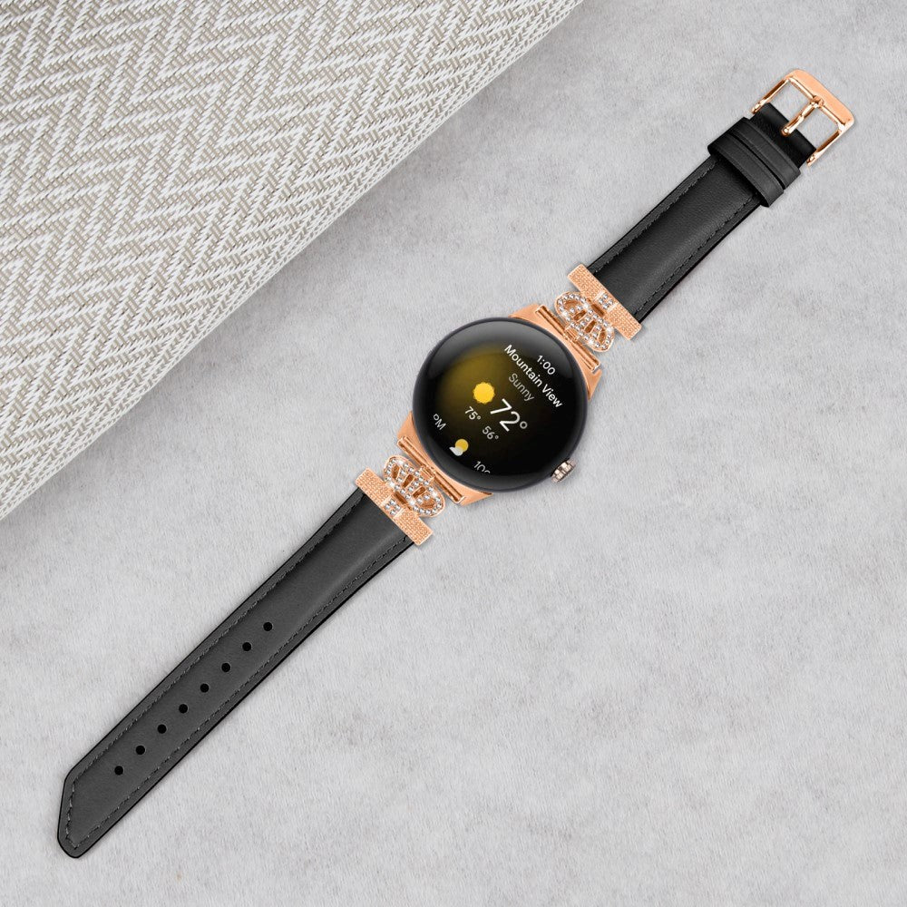 Google Pixel Watch 1 / 2 / 3 (41mm) Læder Urrem m. Rose Gold Rhinsten Spænde - Sort