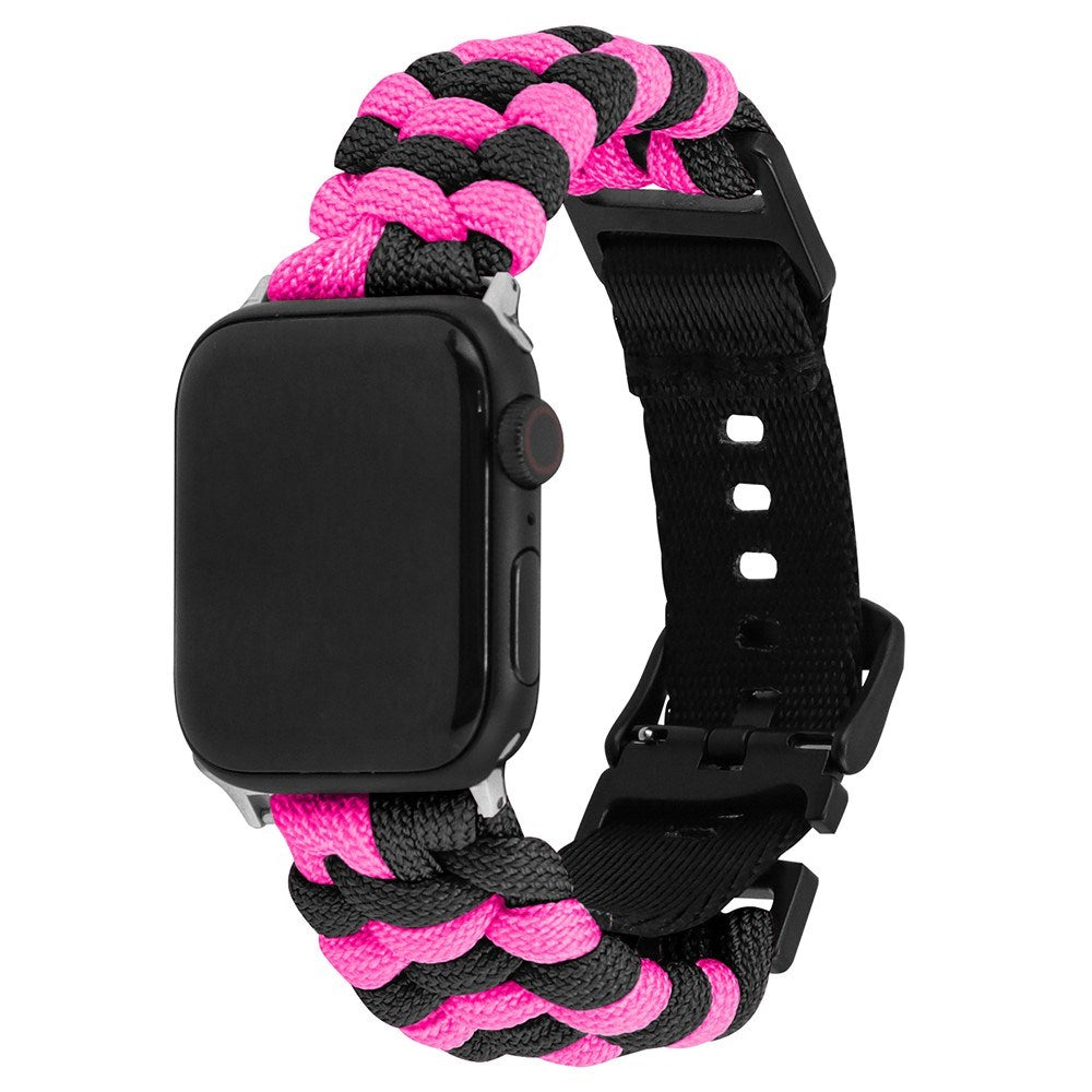 Apple Watch (42/44/SE/45/46/49mm) EIDERWOOD Tofarvet Flettet Nylon Urrem - Sort / Lyserød