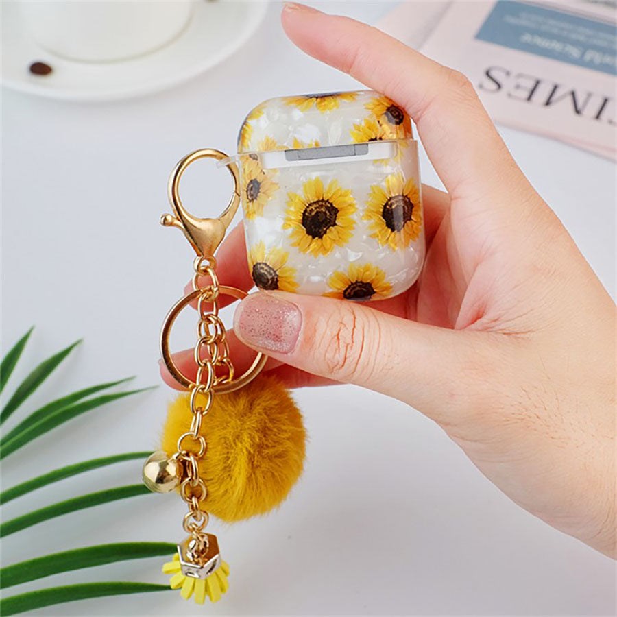 Apple AirPods (1 og 2. gen.) Plastdeksel m. Pelsheng - Solsikke