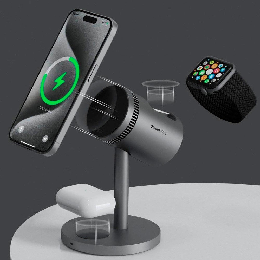 Aukey - MagFusion 3-i-1 Pro Qi2 - Trådløs Oplader - MagSafe Kompatibel - Grå