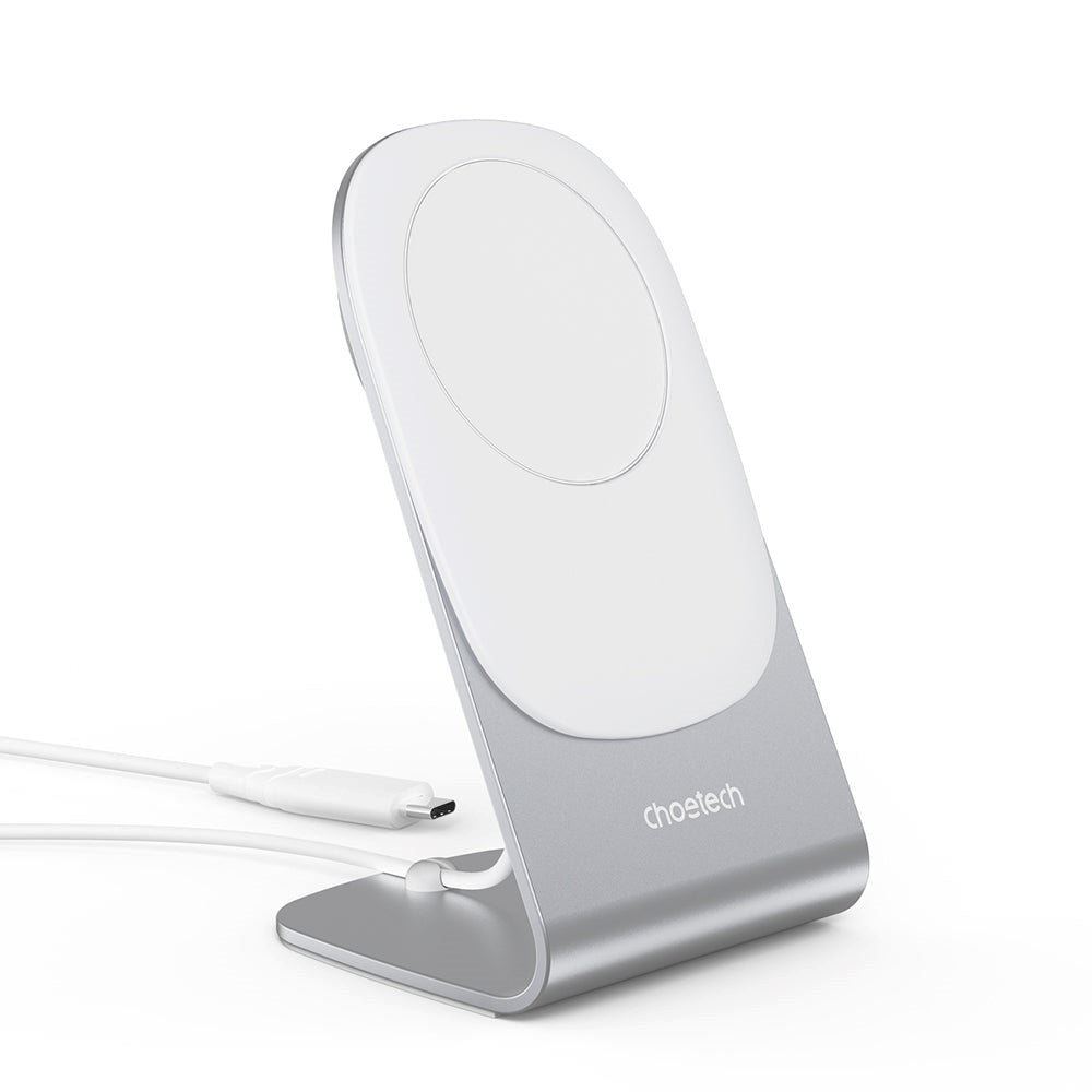 Choetech MagLeap trådløs lader 15W med stativ - MagSafe-kompatibel - Hvit / Sølv