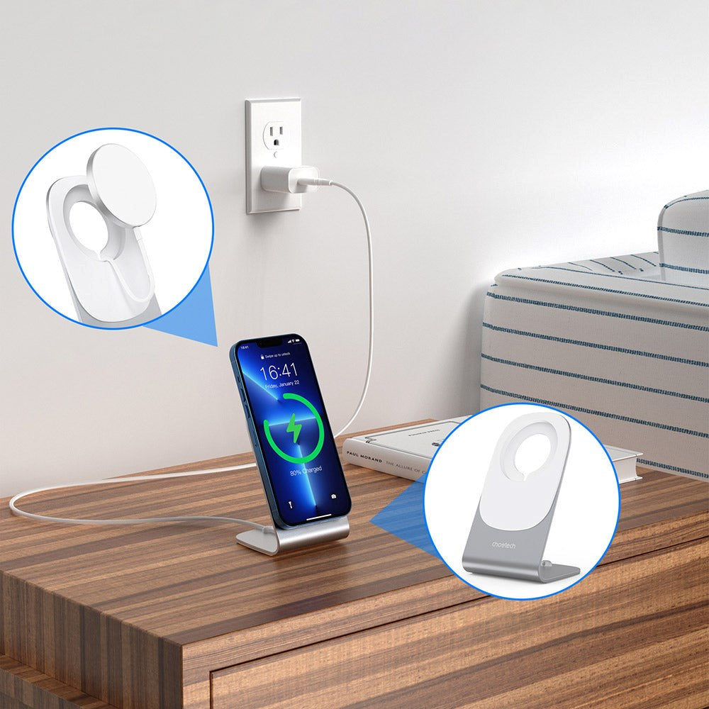 Choetech MagLeap trådløs lader 15W med stativ - MagSafe-kompatibel - Hvit / Sølv