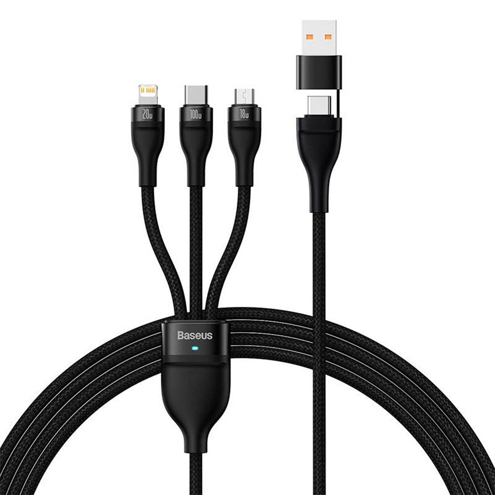 Baseus Flash Series 2 - 3-i-1 100W USB Multi-kabel m. USB-C, Lightning & Micro-USB - 1,2 meter - Svart