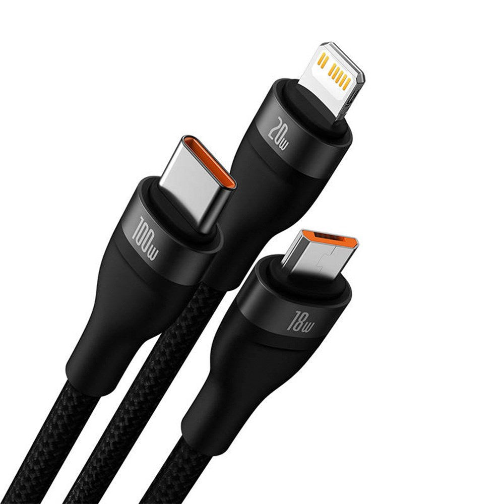 Baseus Flash Series 2 - 3-i-1 100W USB Multi-kabel m. USB-C, Lightning & Micro-USB - 1,2 meter - Svart