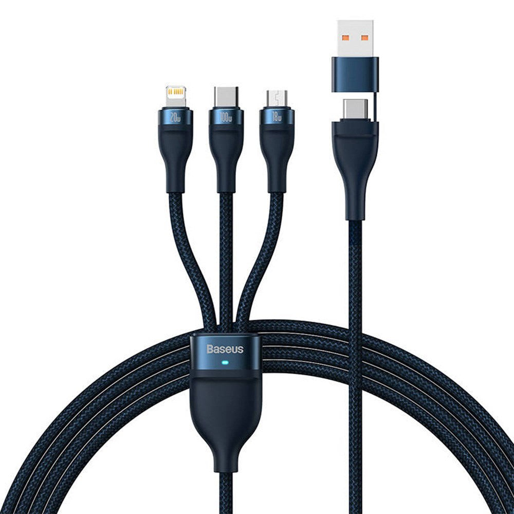 Baseus Flash Series 2 - 3-i-1 100W USB Multi-kabel m. USB-C, Lightning & Micro-USB - 1,2 meter - blå