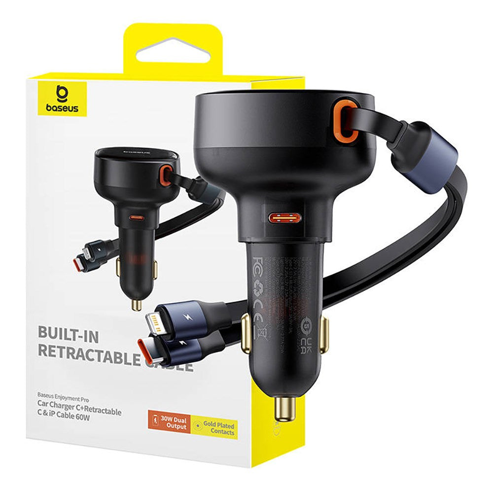 Baseus 60W billader m. Uttrekkbar USB-C & Lightning-kabel - Svart