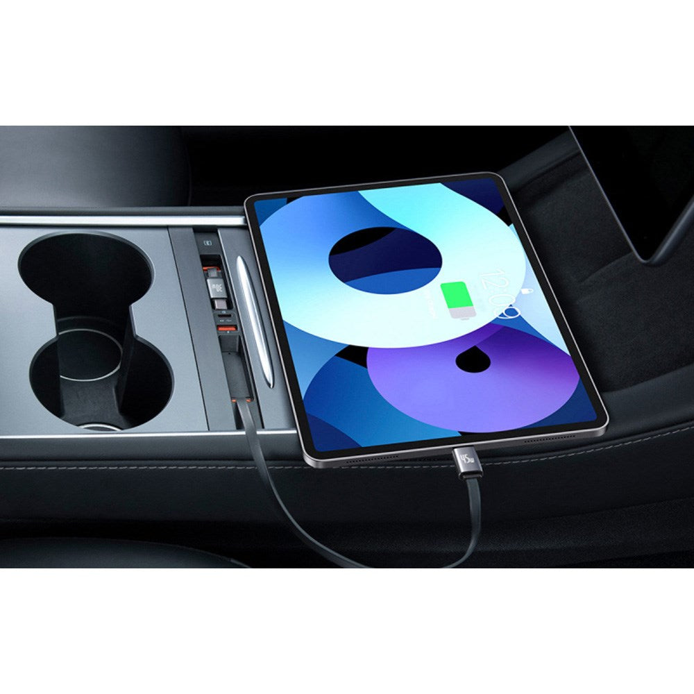 Baseus T-Space Opladningshub m. Udtrækkelig USB-C & Lightning Kabel til Tesla - Sort