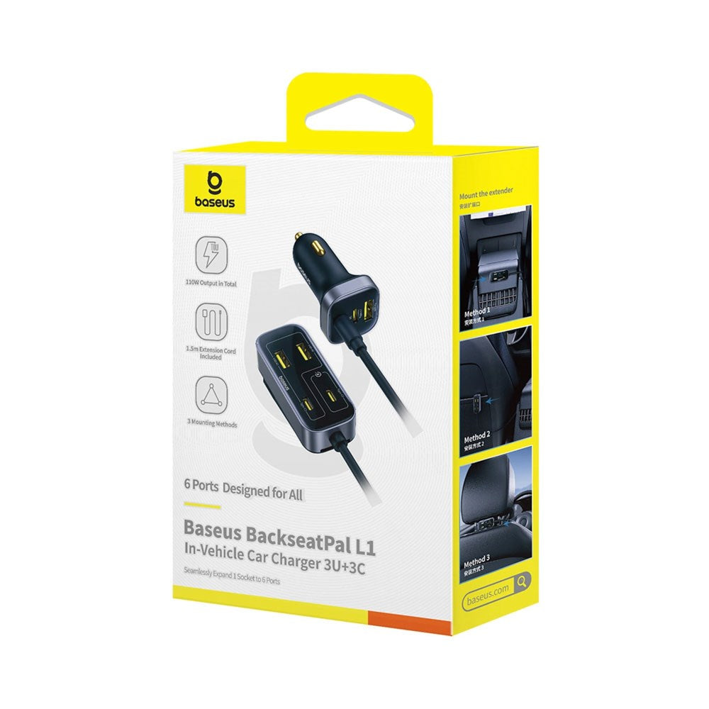 Baseus Multifunktionel Biloplader - 110W - 3 x USB-A - 3 x USB-C - 1.5m - Sort