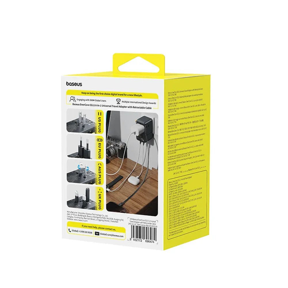 Baseus 70W 6-i-1 Rejseadapter m. Udtrækkeligt USB-C Kabel - Sort