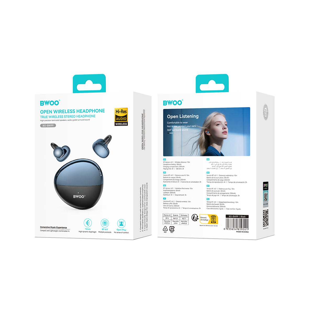 BWOO True Wireless Open-Ear Høretelefoner - Sort