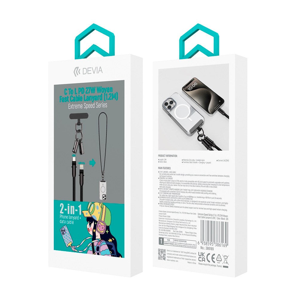 2-i-1 Mobilstrop & USB-C til Lightning Kabel - Devia - Sort