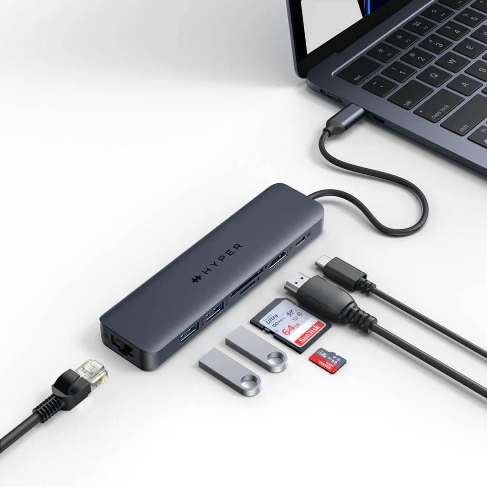 Hyper HyperDrive Ecosmart 7-in-1 USB-C Hub - 2 x USB-A 1 x USB-C 1 x HDMI 1 x Ethernet 1 x SD- & MicroSD-Kort - Grå