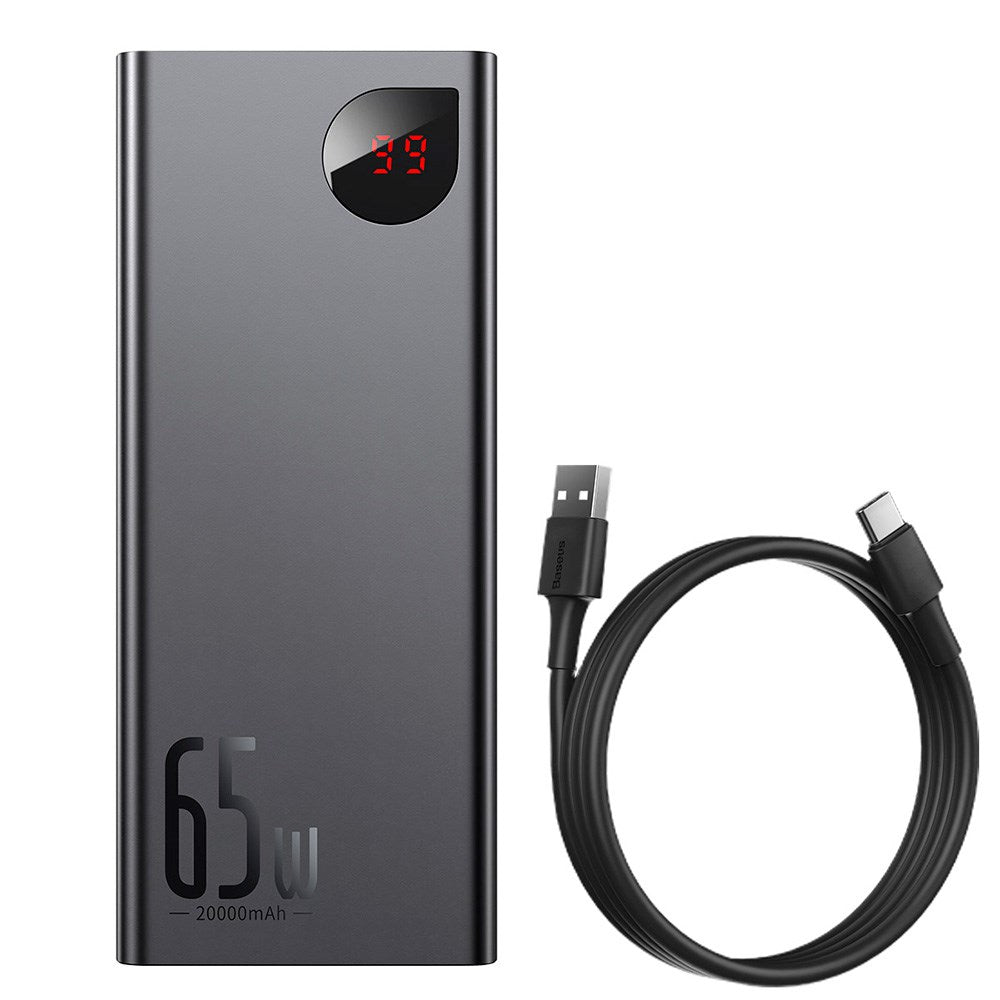 Baseus Adaman 65W Powerbank 20 000 mAh m. 2 x USB-A & USB-C - USB-C-kabel - Svart