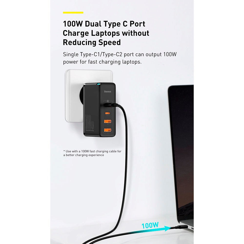Baseus 100W PD GaN² Pro Hurtiglader - Vegglader m. 2 x USB-C og 2 x USB-A - Hvit