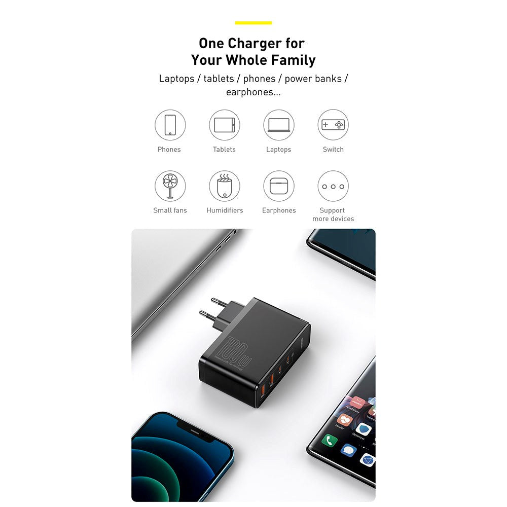 Baseus 100W PD GaN² Pro Hurtiglader - Vegglader m. 2 x USB-C og 2 x USB-A - Hvit