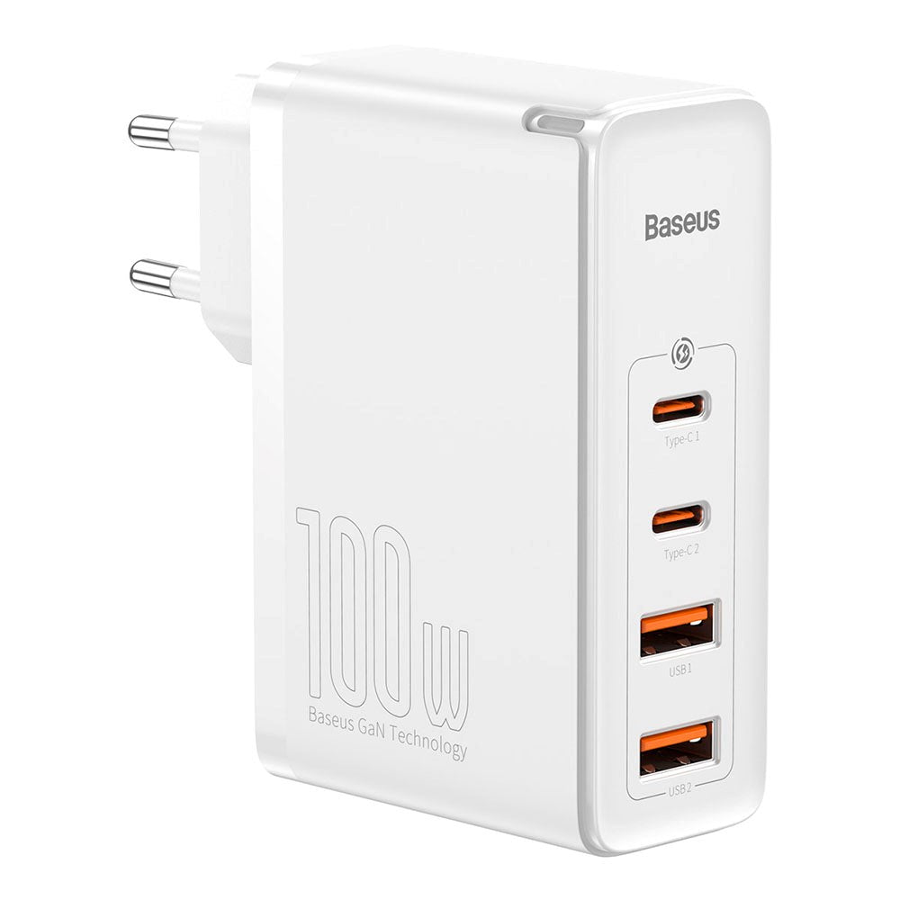 Baseus 100W PD GaN² Pro Hurtiglader - Vegglader m. 2 x USB-C og 2 x USB-A - Hvit
