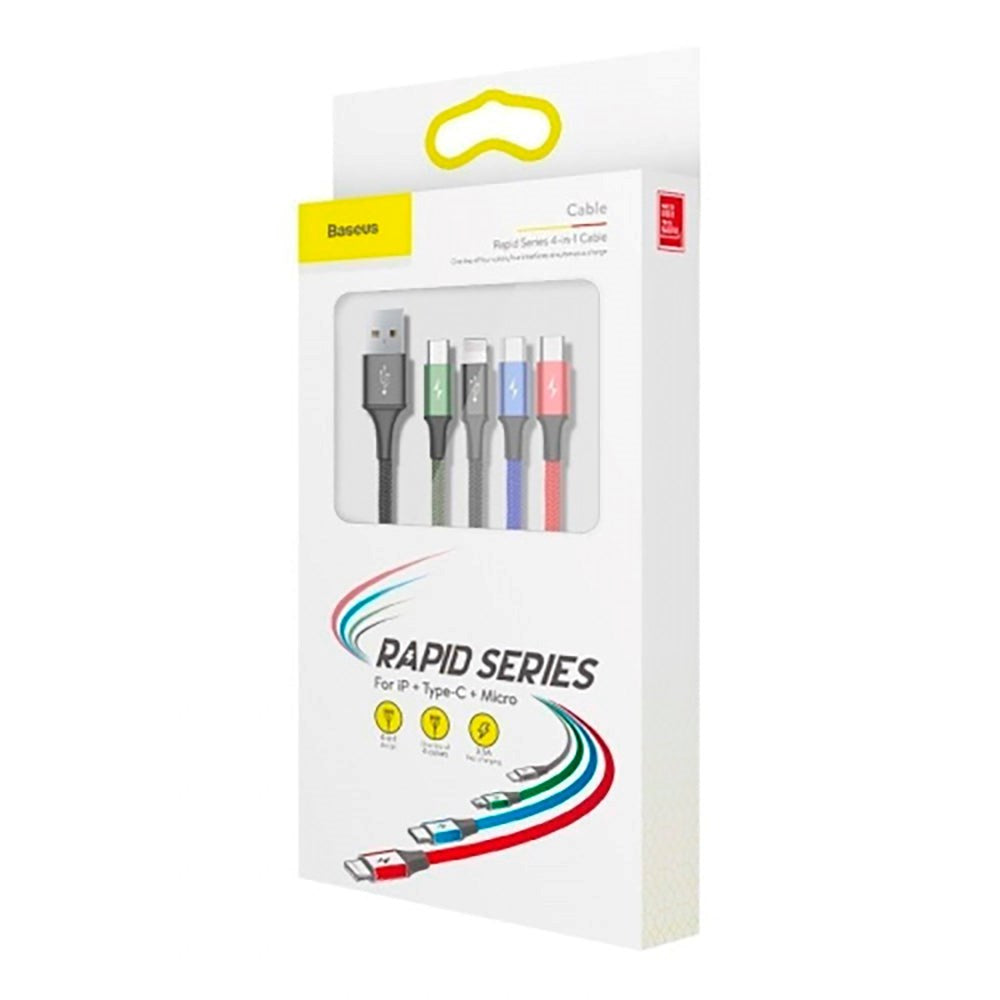 Baseus Rapid Series 4-i-1 Micro USB (2stk) / USB-C / Lightning 3.5A Ladekabel - 1.2 meter