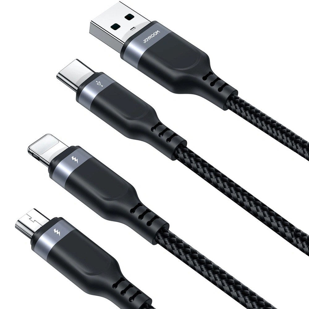 Joyroom 3-i-1 nylon USB-C / Lightning / Micro USB-kabel - 30 cm - Svart