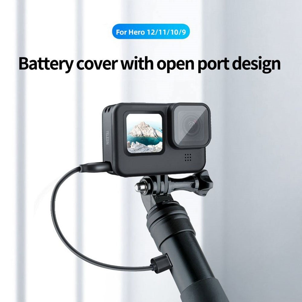 TELESIN Cover til GoPro Hero 9 / 10 / 11 / 12 / 13 Batteri m. Udskæring til Opladekabel - Sort