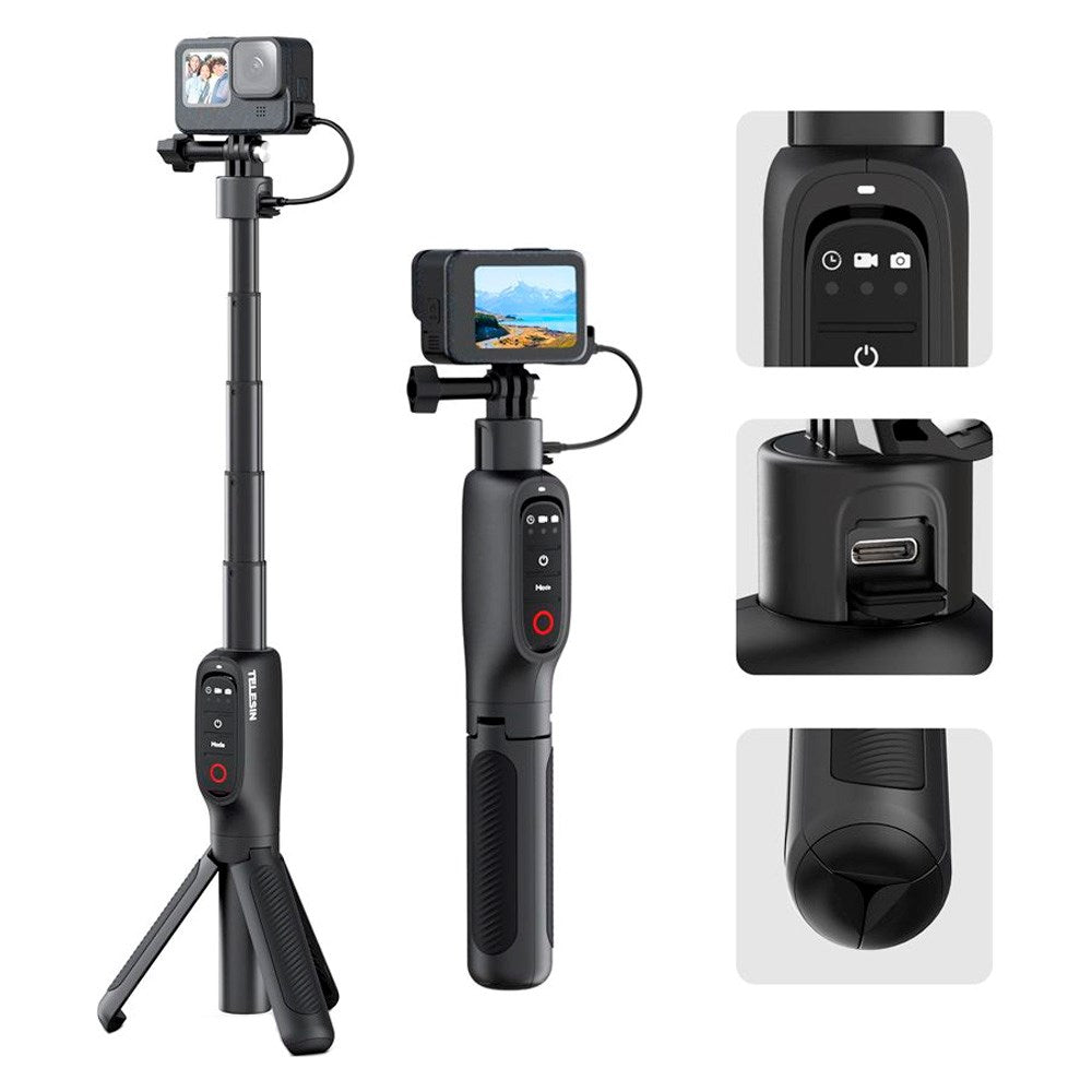 TELESIN 3-i-1 PowerBank Selfie Stick - GoPro Hero 9 / 10 / 11 / 12 / 13 / MAX - Sort