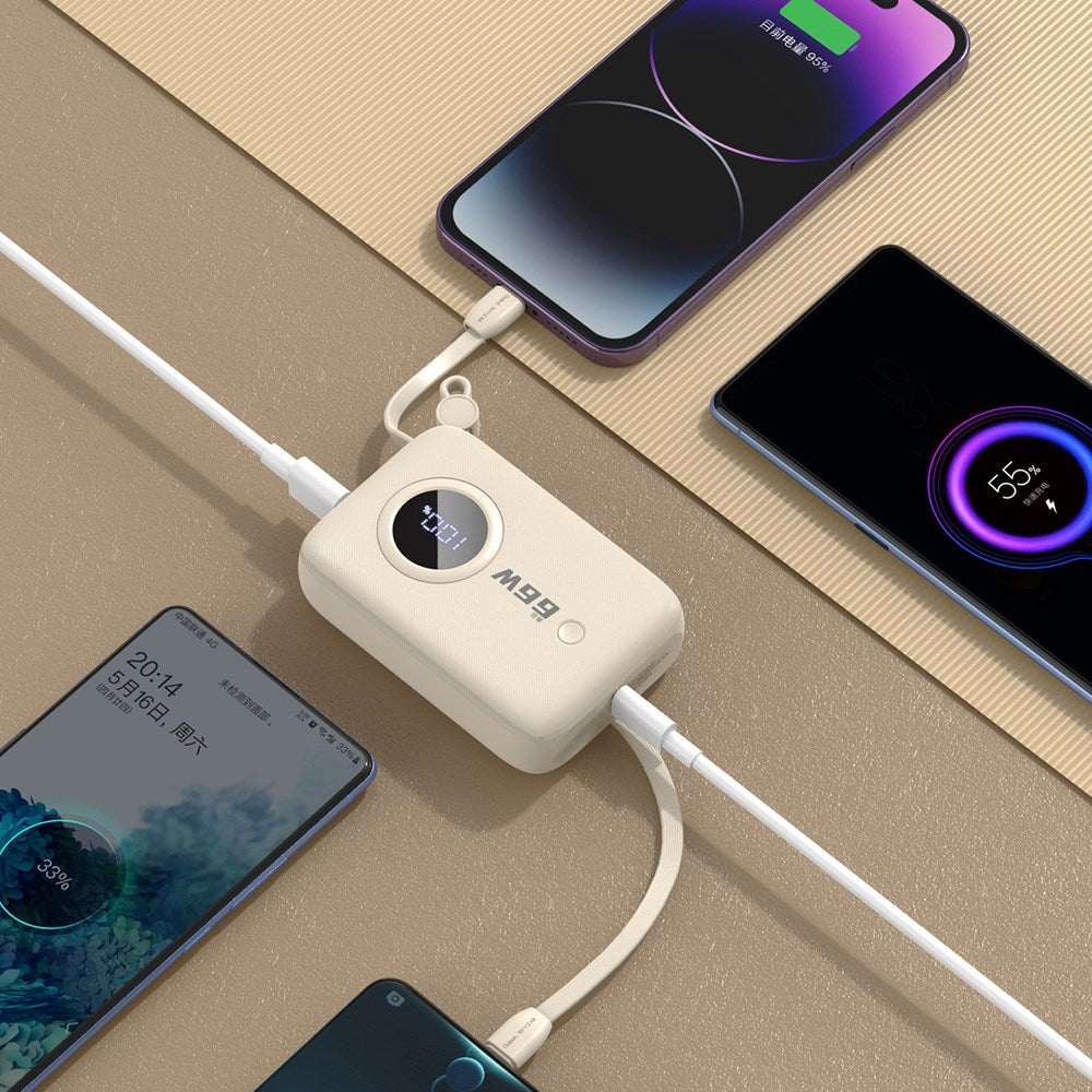 Dudao PowerBank m. Indbygget USB-C Kabel & Lightning Kabel - 10.000 mAh - Beige